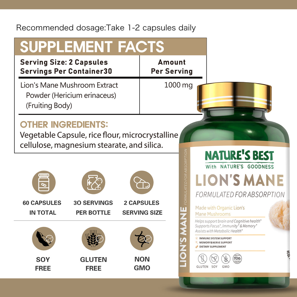Lion's Mane Capsules, Nature's Best - 60 Veg Capsules Medicare Wellness Hub