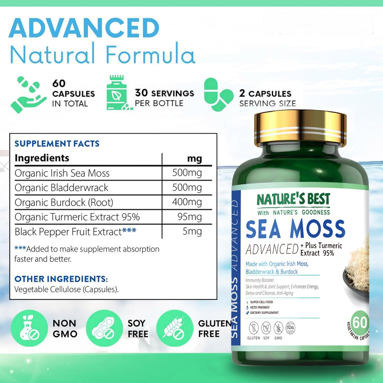 Sea Moss - Advanced Natural Formula, with Tumeric Extract 60 Capsules Medicare Wellness Hub